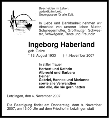Traueranzeige von Ingeborg Haberland von ALLGEMEINE ZEITUNG UELZEN