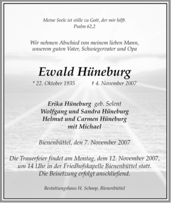 Traueranzeige von Ewald Hüneburg von ALLGEMEINE ZEITUNG UELZEN