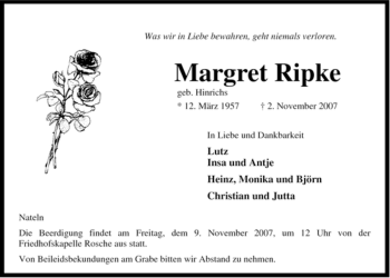 Traueranzeige von Margret Ripke von ALLGEMEINE ZEITUNG UELZEN