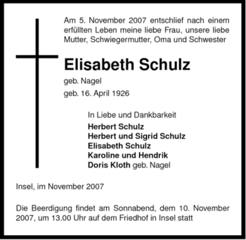 Traueranzeige von Elisabeth Schulz von ALLGEMEINE ZEITUNG UELZEN