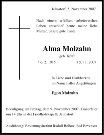 Traueranzeige von Alma Molzahn von ALLGEMEINE ZEITUNG UELZEN