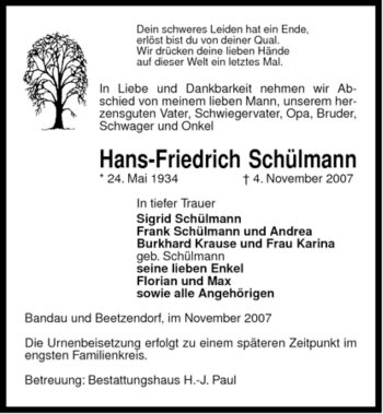 Traueranzeige von Hans-Friedrich Schülmann von ALLGEMEINE ZEITUNG UELZEN