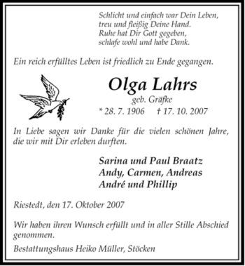 Traueranzeige von Olga Lahrs von ALLGEMEINE ZEITUNG UELZEN