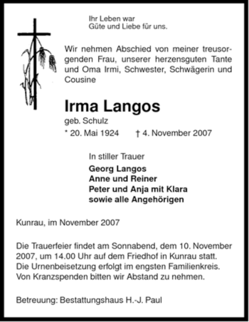 Traueranzeige von Irma Langos von ALLGEMEINE ZEITUNG UELZEN