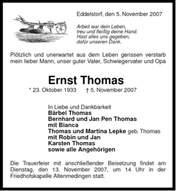 Traueranzeige von Ernst Thomas von ALLGEMEINE ZEITUNG UELZEN