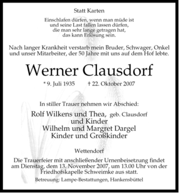 Traueranzeige von Werner Clausdorf von ALLGEMEINE ZEITUNG UELZEN