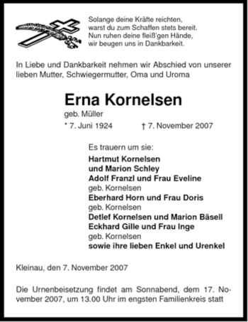 Traueranzeige von Erna Kornelsen von ALLGEMEINE ZEITUNG UELZEN