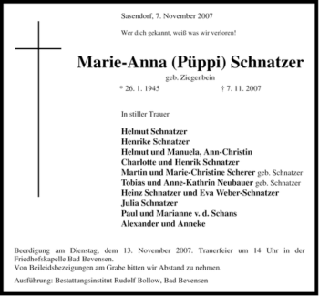 Traueranzeige von Marie-Anna (Püppi) Schnatzer von ALLGEMEINE ZEITUNG UELZEN