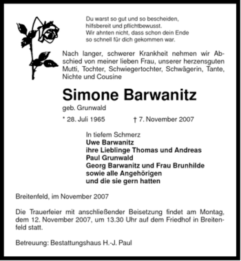 Traueranzeige von Simone Barwanitz von ALLGEMEINE ZEITUNG UELZEN