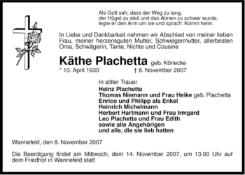 Traueranzeige von Käthe Plachetta von ALLGEMEINE ZEITUNG UELZEN