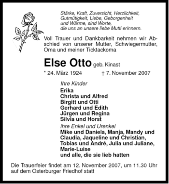 Traueranzeige von Else Otto von ALLGEMEINE ZEITUNG UELZEN