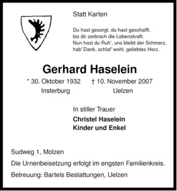 Traueranzeige von Gerhard Haselein von ALLGEMEINE ZEITUNG UELZEN
