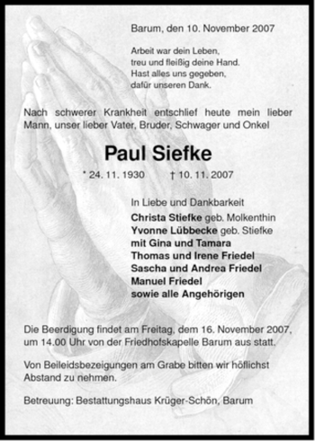 Traueranzeige von Paul Siefke von ALLGEMEINE ZEITUNG UELZEN