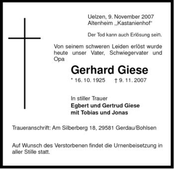 Traueranzeige von Gerhard Giese von ALLGEMEINE ZEITUNG UELZEN