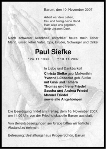 Traueranzeige von Paul Siefke von ALLGEMEINE ZEITUNG UELZEN