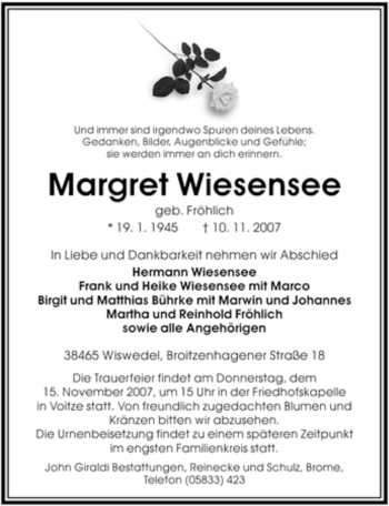 Traueranzeige von Margret Wiesensee von ALLGEMEINE ZEITUNG UELZEN