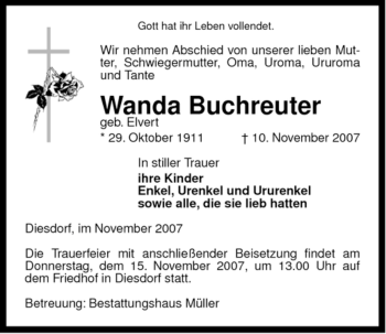 Traueranzeige von Wanda Buchreuter von ALLGEMEINE ZEITUNG UELZEN
