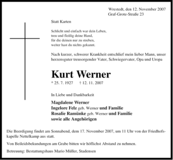 Traueranzeige von Kurt Werner von ALLGEMEINE ZEITUNG UELZEN
