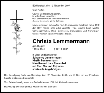 Traueranzeige von Christa Lemmermann von ALLGEMEINE ZEITUNG UELZEN