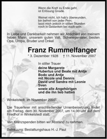 Traueranzeige von Franz Rummelfanger von ALLGEMEINE ZEITUNG UELZEN