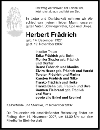 Traueranzeige von Herbert Frädrich von ALLGEMEINE ZEITUNG UELZEN