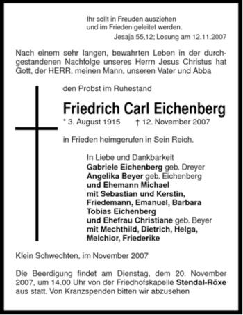 Traueranzeige von Friedrich Carl Eichenberg von ALLGEMEINE ZEITUNG UELZEN