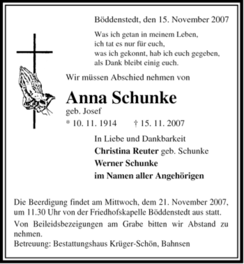 Traueranzeige von Anna Schunke von ALLGEMEINE ZEITUNG UELZEN
