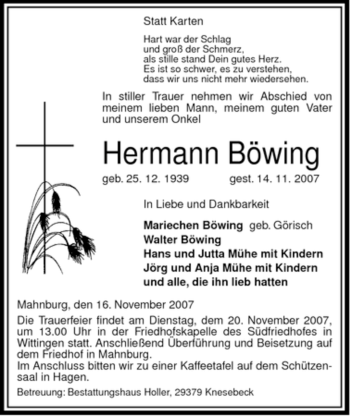 Traueranzeige von Hermann Böwing von ALLGEMEINE ZEITUNG UELZEN