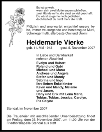 Traueranzeige von Heidemarie Vierke von ALLGEMEINE ZEITUNG UELZEN