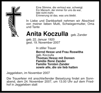 Traueranzeige von Anita Koczulla von ALLGEMEINE ZEITUNG UELZEN