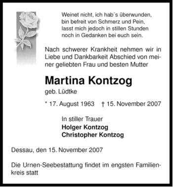 Traueranzeige von Martina Kontzog von ALLGEMEINE ZEITUNG UELZEN