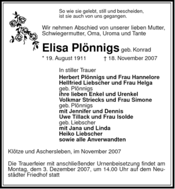 Traueranzeige von Elisa Plönnigs von ALLGEMEINE ZEITUNG UELZEN