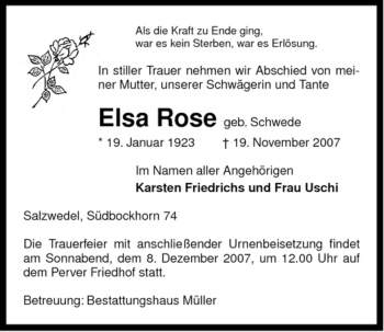 Traueranzeige von Elsa Rose von ALLGEMEINE ZEITUNG UELZEN