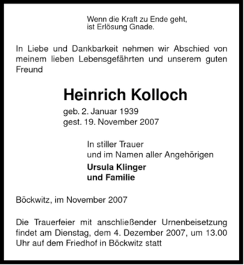 Traueranzeige von Heinrich Kolloch von ALLGEMEINE ZEITUNG UELZEN