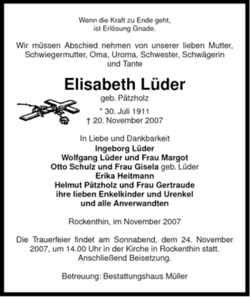 Traueranzeige von Elisabeth Lüder von ALLGEMEINE ZEITUNG UELZEN