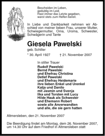 Traueranzeige von Giesela Pawelski von ALLGEMEINE ZEITUNG UELZEN