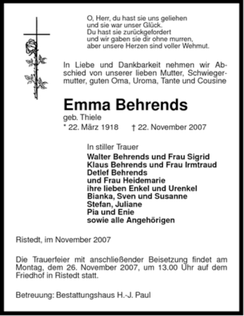 Traueranzeige von Emma Behrends von ALLGEMEINE ZEITUNG UELZEN