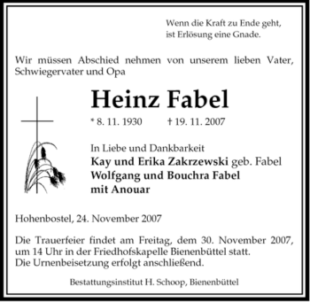 Traueranzeige von Heinz Fabel von ALLGEMEINE ZEITUNG UELZEN