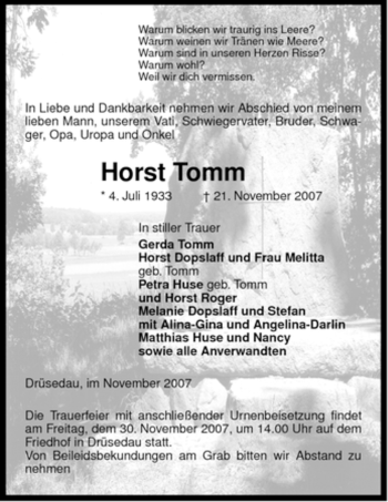 Traueranzeige von Horst Tomm von ALLGEMEINE ZEITUNG UELZEN