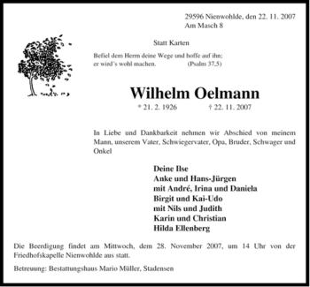 Traueranzeige von Wilhelm Oelmann von ALLGEMEINE ZEITUNG UELZEN