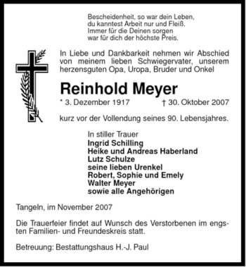 Traueranzeige von Reinhold Meyer von ALLGEMEINE ZEITUNG UELZEN