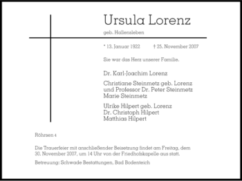 Traueranzeige von Ursula Lorenz von ALLGEMEINE ZEITUNG UELZEN