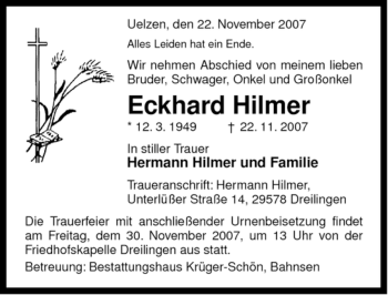 Traueranzeige von Eckhard Hilmer von ALLGEMEINE ZEITUNG UELZEN