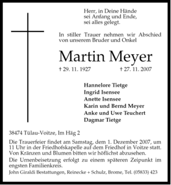 Traueranzeige von Martin Meyer von ALLGEMEINE ZEITUNG UELZEN