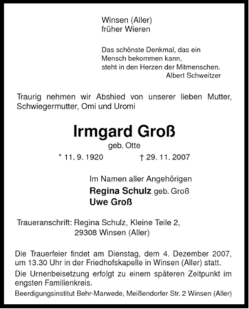 Traueranzeige von Irmgard Groß von ALLGEMEINE ZEITUNG UELZEN