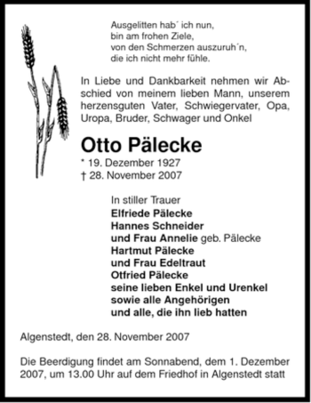 Traueranzeige von Otto Pälecke von ALLGEMEINE ZEITUNG UELZEN