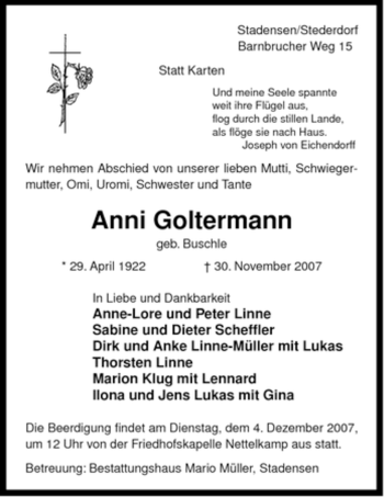 Traueranzeige von Anni Goltermann von ALLGEMEINE ZEITUNG UELZEN