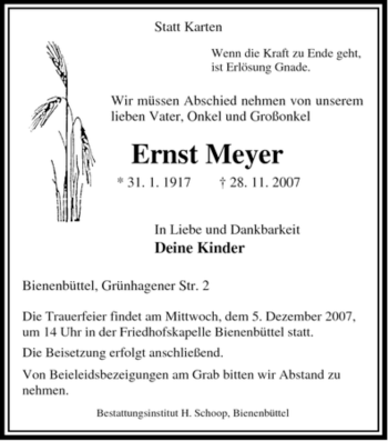 Traueranzeige von Ernst Meyer von ALLGEMEINE ZEITUNG UELZEN