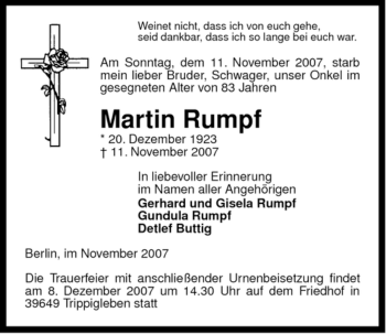 Traueranzeige von Martin Rumpf von ALLGEMEINE ZEITUNG UELZEN
