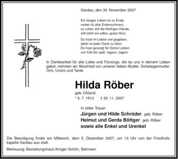 Traueranzeige von Hilda Röber von ALLGEMEINE ZEITUNG UELZEN